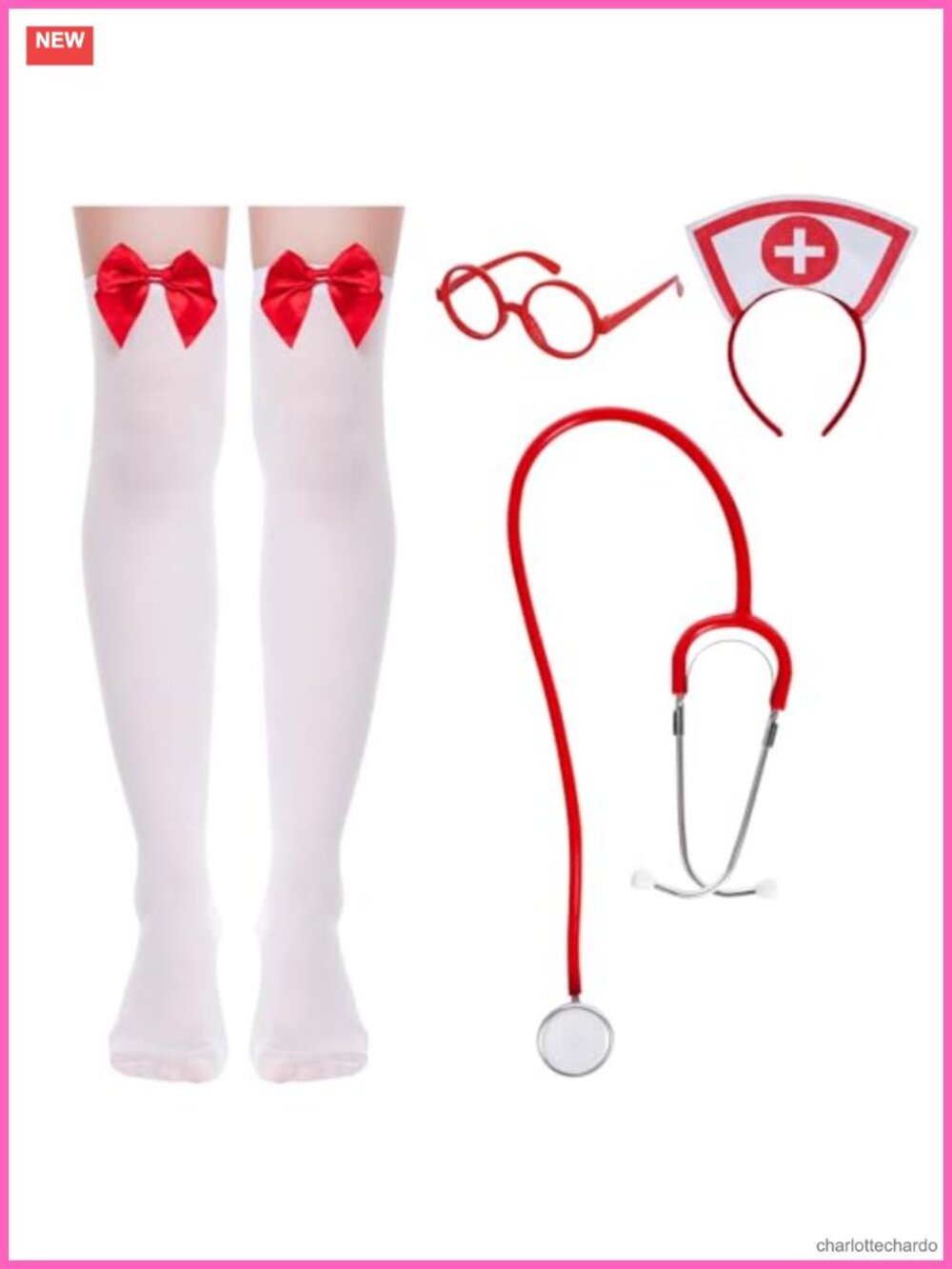 Nurse Costume Accessory Set Halloween Cosplay Hat Glasses Stethoscope Socks